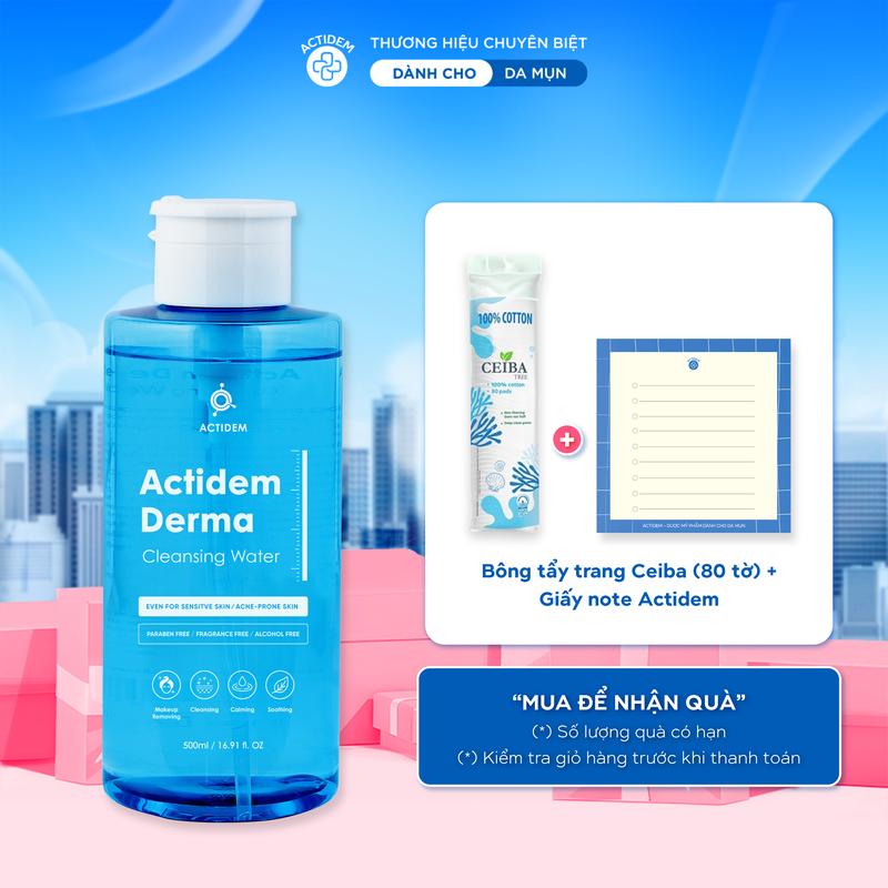 [TẶNG KHĂN KHÔ 80 TỜ KHI MUA 2 CHAI] Nước tẩy trang không cay mắt Actidem Derma Cleansing Water cho da mụn, nhạy cảm 50/480/500ml Cosmetic  Mỹ Phẩm Serum