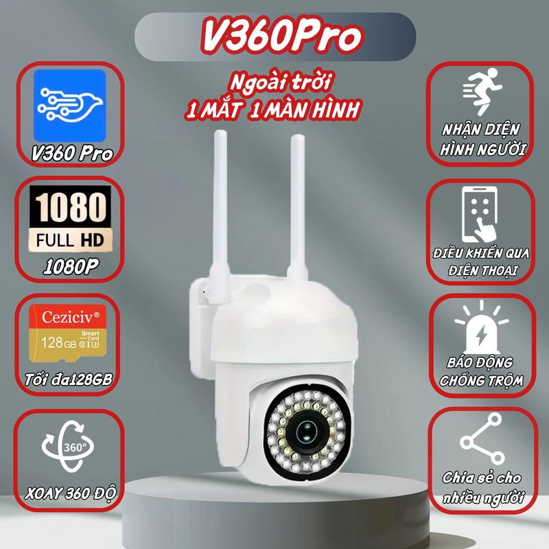  1 Camera V360Pro  IP Thông Minh PTZ Mini 36LED 1080P Siêu Nét Xoay 360 Độ Ngoài Trời 1 Mắt 1 Màn Hình Ceziciv 128GB Full HD 1080P 
