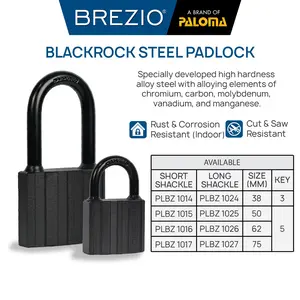 BREZIO Gembok Padlock Pagar Loker Kunci Pintu Leher Panjang Pendek Shackle Long Short Baja Hardened Steel Silinder Kuningan Brass Cylinder Hitam BlackRock Black Rock PLBZ 1014 1015 1017 1016 1024