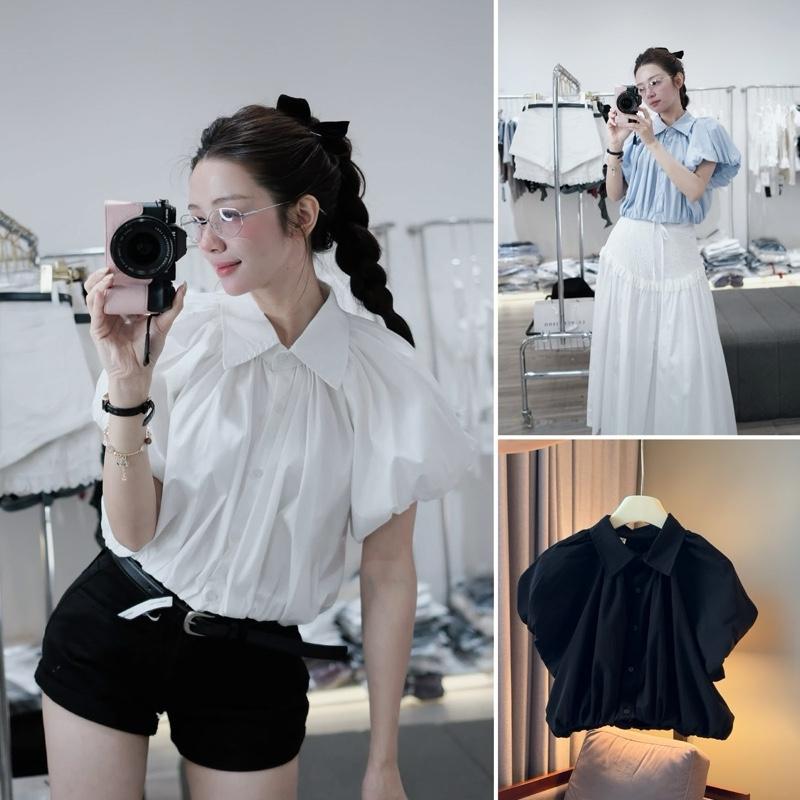 Áo sơ mi nữ tay cộc dáng bồng cổ đức bo chun gấu áo chất vải gió hàn basic by Halinh MN01