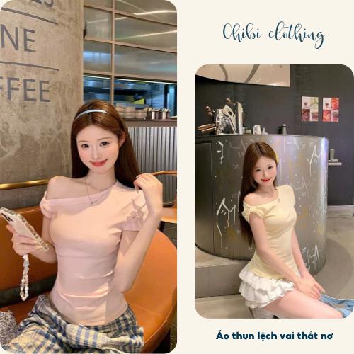 ÁO NƠ  KÈM QUÀ CB011 Áo thun nữ lệch vai thắt nơ Chibi, áo phông nữ trễ vai nơ xinh xắn, chất tăm lạnh