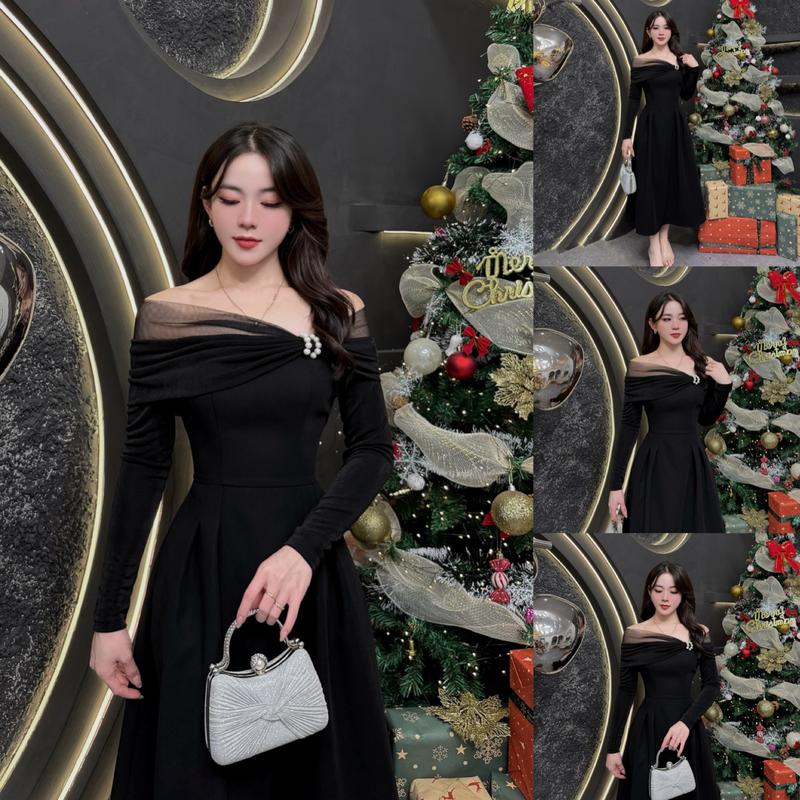  VK32 - Váy Thiết Kế Evii dành cho nữ Đầm thiết kế trễ vai nhún kim cương mix lưới dáng A xòe dài   phù hợp đi làm đi chơi và đi dự tiệc. Có Bigsize Women Dress 