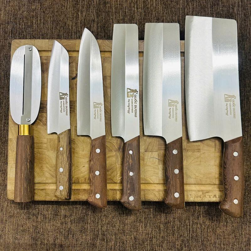 (Tặng dao bào) Bộ 5 dao cán ốp thép trắng Nhật không han gỉ, cán gỗ mun chốt 3 đinh cực kì chắn chắn, bảo hành 24 tháng.