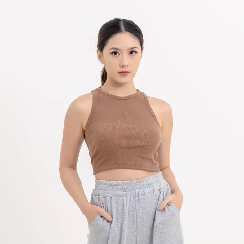 Georgios Women | High Neck Crop Top | Tank Top Atasan Wanita Kekinian Cewek Dewasa Panjang Pendek Santai Rompi Pakaian Rip Rib Katun