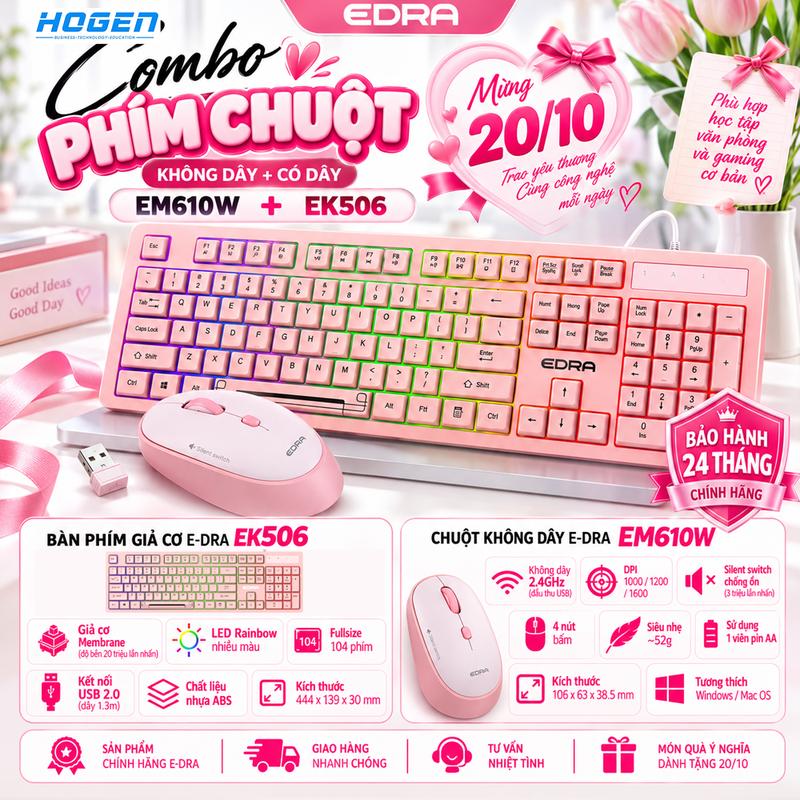 Combo Bàn Phím EDRA EK506 Có Dây + Chuột EDRA EM610W Không Dây | Bàn Phím 104 Phím, Chuột Silent 1600 DPI, Thiết Kế Công Thái Học