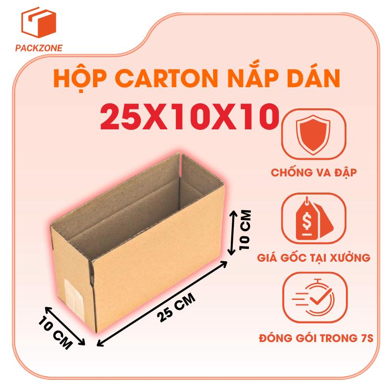 Combo 100 Thùng Giấy Carton 25x10x10 3 Lớp Sóng E Mặt Nâu, Hộp Đóng Hàng TMĐT, Đựng Mỹ Phẩm, Phụ Kiện, Bao Bì Bền Đẹp PACKZONE