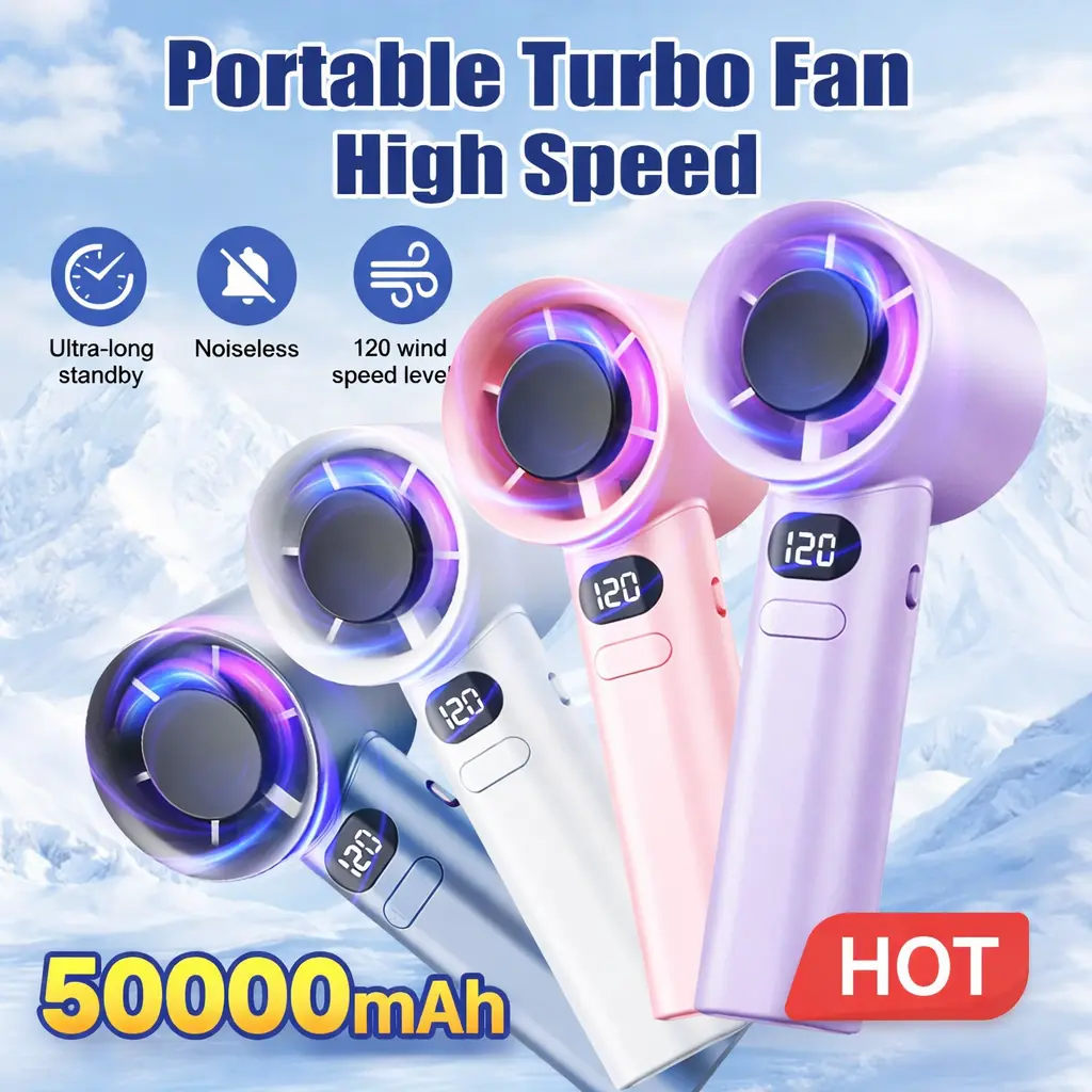 COD Kipas Angin Portable Turbo Handheld 120 Gear Kecepatan Layar Digital LED Adjustable High-Speed 16500RPM Strong Wind Pendinginan Cepat USB Isi Ulang Baterai 50000mAh Tahan Lama Hemat Energi Cocok Kantor Travel Outdoor Camping Olahraga Saku