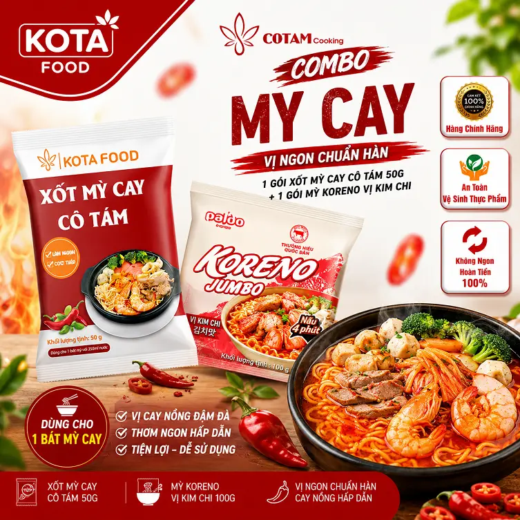 1 Combo Mỳ Cay ( Gồm 1 gói mì KORENO + 1 gói xốt mì cay 50g)