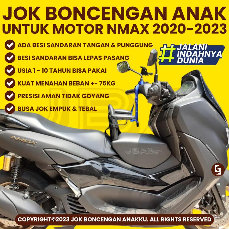 Kursi Jok Boncengan Anak Dudukan Portable Motor Matic YAMAHA NMAX NEW 2020 - 2024 Dilengkapi Besi Sandaran Tangan dan Punggung juga Sabuk Pengaman Busa Empuk Tebal PNP Anti-Goyang Rangka Dudukan SNI 1