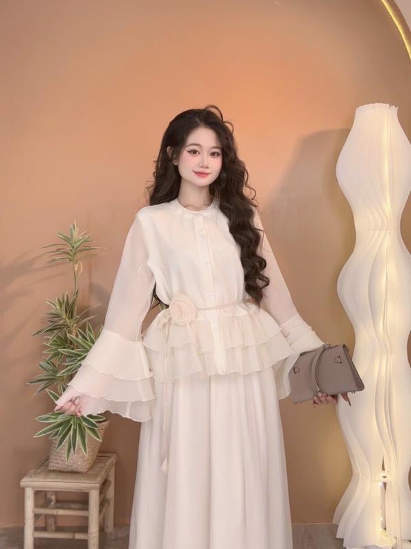 Áo Tay Bồng Vải Voan Đi Biển Kèm Chân Váy Dài S94-02 cho Phong Cách Tiệc Biển Sang Trọng Size S/M Chất Liệu Mềm Mại Thoáng Mát