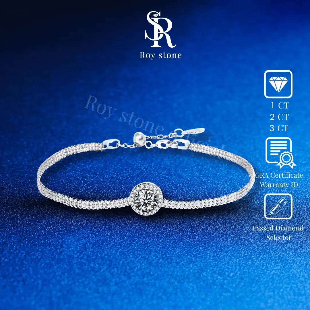 RoyStone - Gelang Wanita Moissanite Sertifikat GRA Original Lapis Emas - Fleur Bracelet