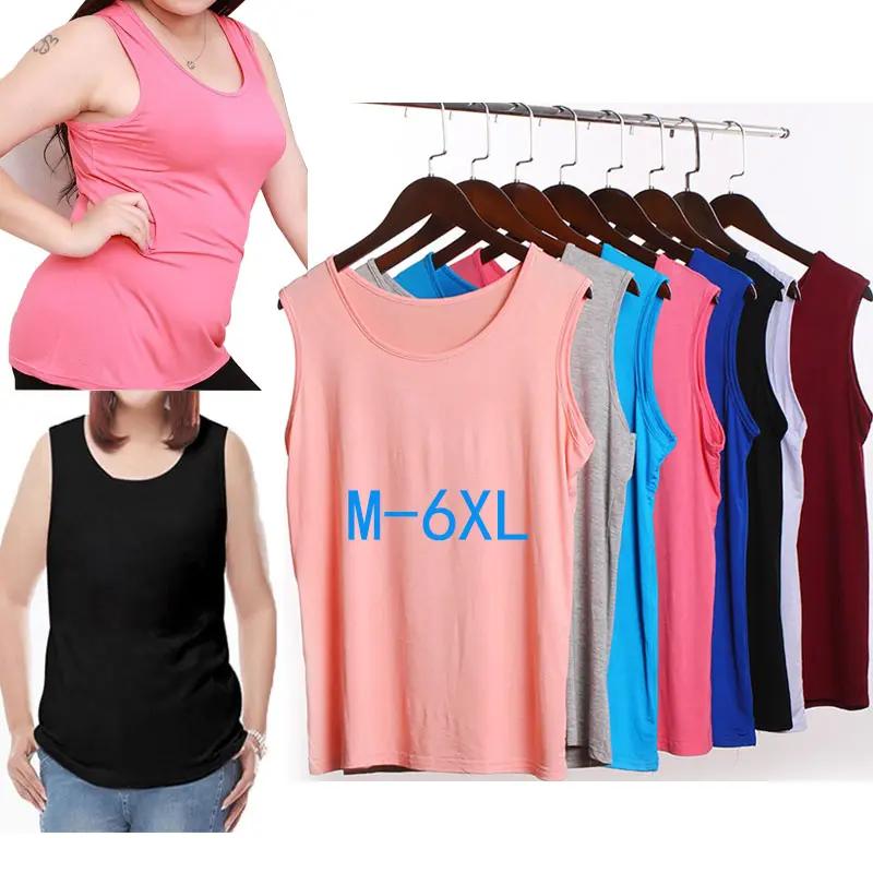 Big Size 40-230kg Women Modal Cotton Stretch Camisole Plain Color Tank Tops Sleeveless Round Neck Thin Casual Slim Home Wear Female T Shirt Ladies Girl Vest Solid color Sleep Wear Top Plus Size