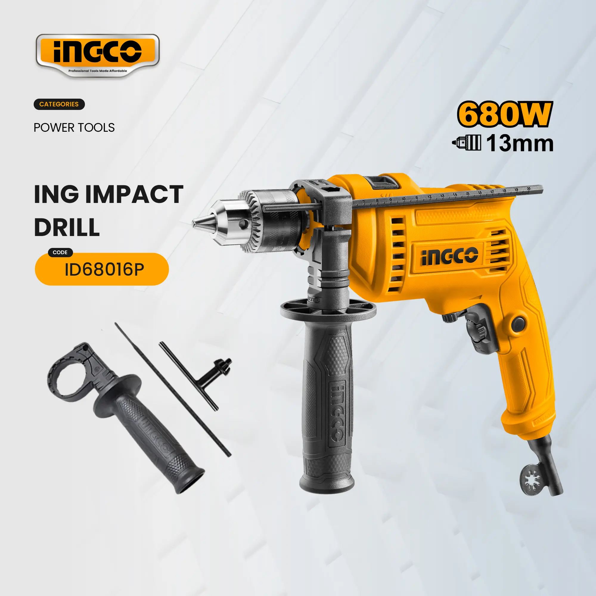Ingco Impact Drill Barena 680W For Heavy Duty Drilling (Variable Speed, Forward / Reverse Switch & Hammer Function & For Metal, Wood And Concrete) ID68016P (ISP)