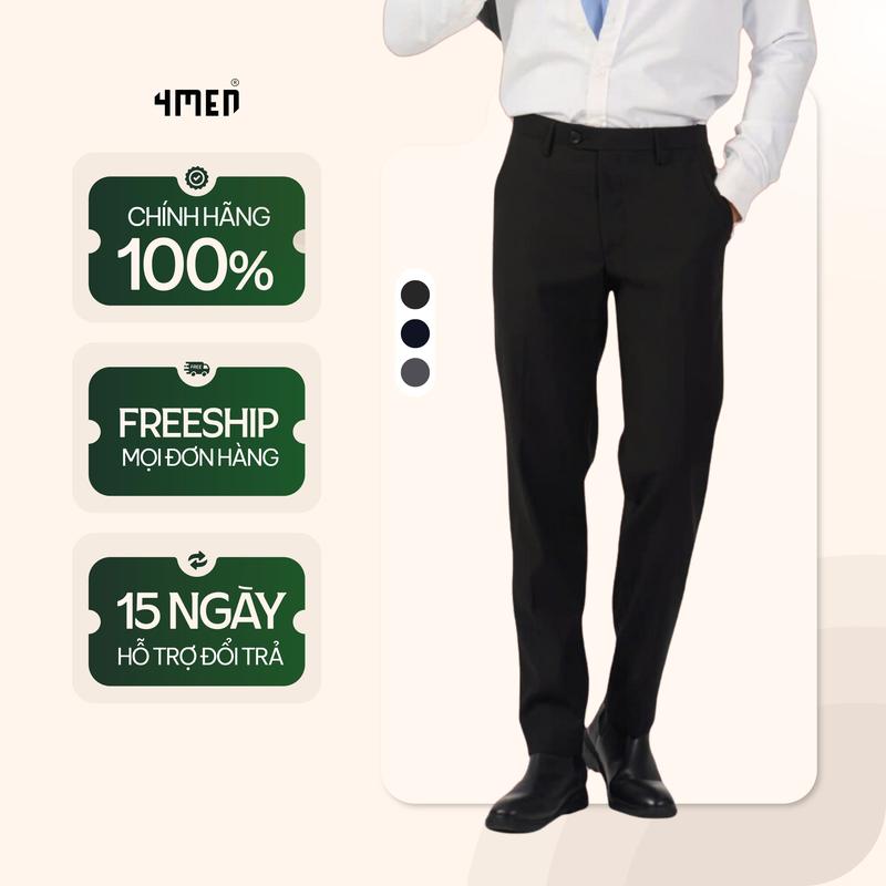 Quần tây âu nam co giãn 4MEN QT058 form slimfit Hàn Quốc ống ôm đẹp, vải cao cấp không nhăn, 3 màu đen, xám, xanh đen Menswear Pants