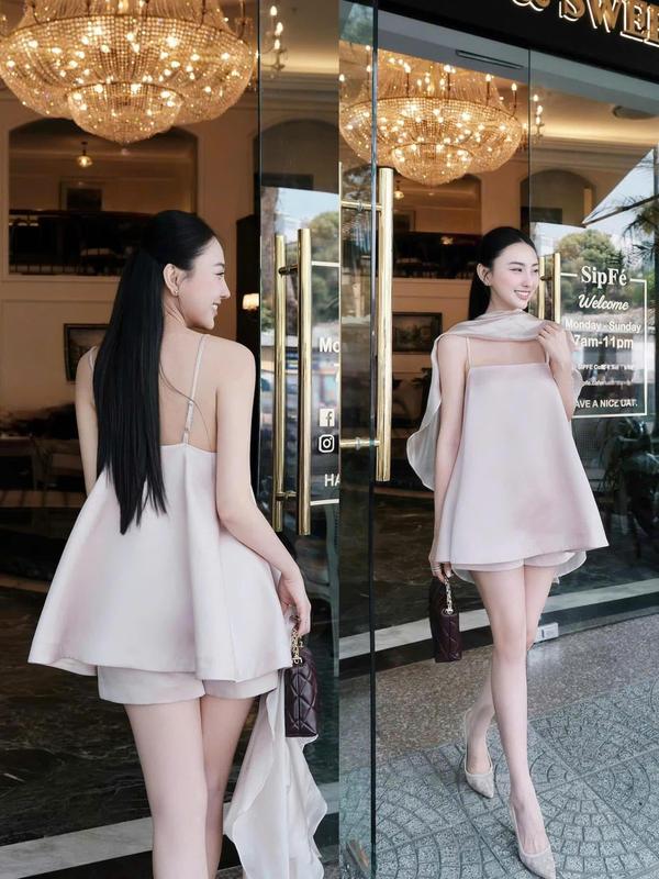  F35 Set   áo và quần   áo 2 dây lụa phối quần sooc kèm choàng tơ 