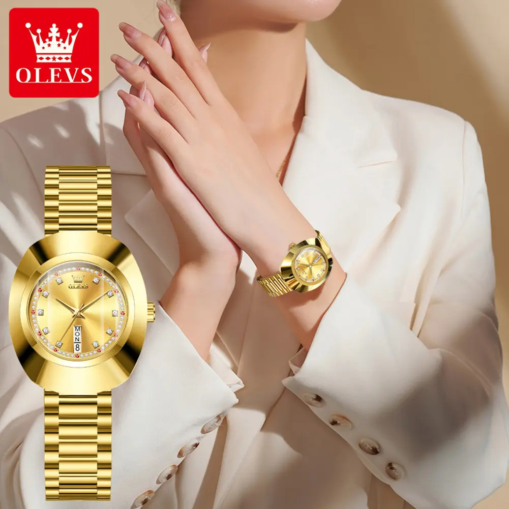 OLEVS Original Brand Gold Watch for Women Automatic Calender Waterproof Luxury Elegant Diamond Korean Style Tungsten Steel Quartz Ladies Wristwatch with Box NO. 7017