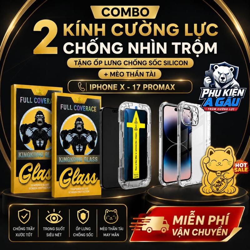 Combo 2 Kính cường lực iphone khung trợ dán KINGKONG chống nhìn trộm full màn lphone x xs xr 11 12 13 14 15 16 17 pro max plus, Phụ kiện miếng dán bảo vệ màn hình, Kính cường lực Kingkong, tặng 1 Ốp chống sốc + 1 mèo thần tài - Cuong luckingkong