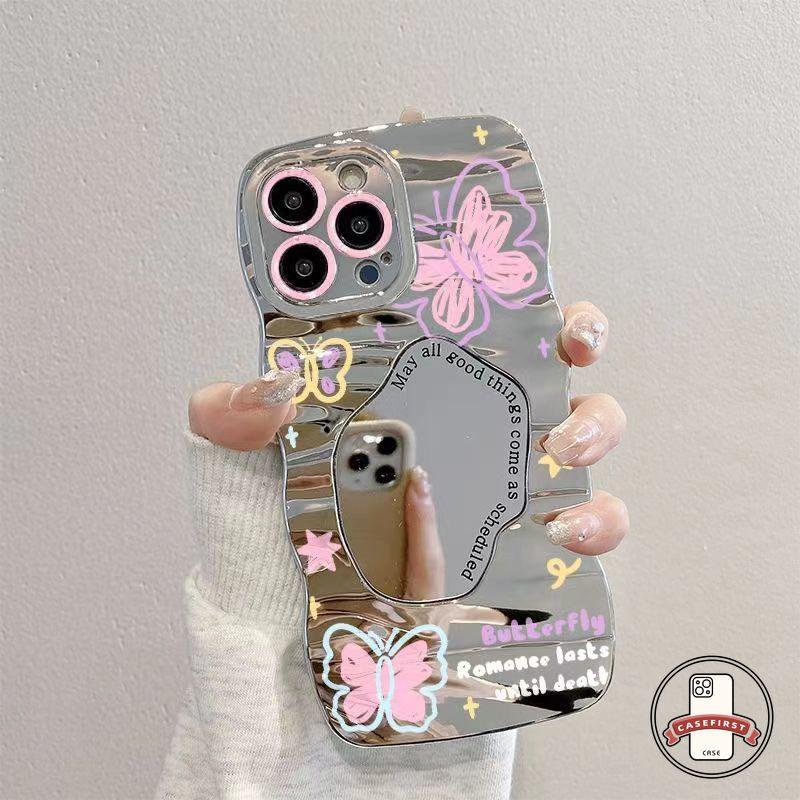 Casing Cermin Rias Mewah Kupu-kupu Merah Muda Fantasi Untuk Redmi 9A 10A 10C 9T 9C Nfc Redmi Note 11 9 10S 12 11S 8 10 Pro 11Pro 12Pro Plus POCO X3 NFC M3 Pro X5 Casing Tepi Bergelombang Huruf Modis 1