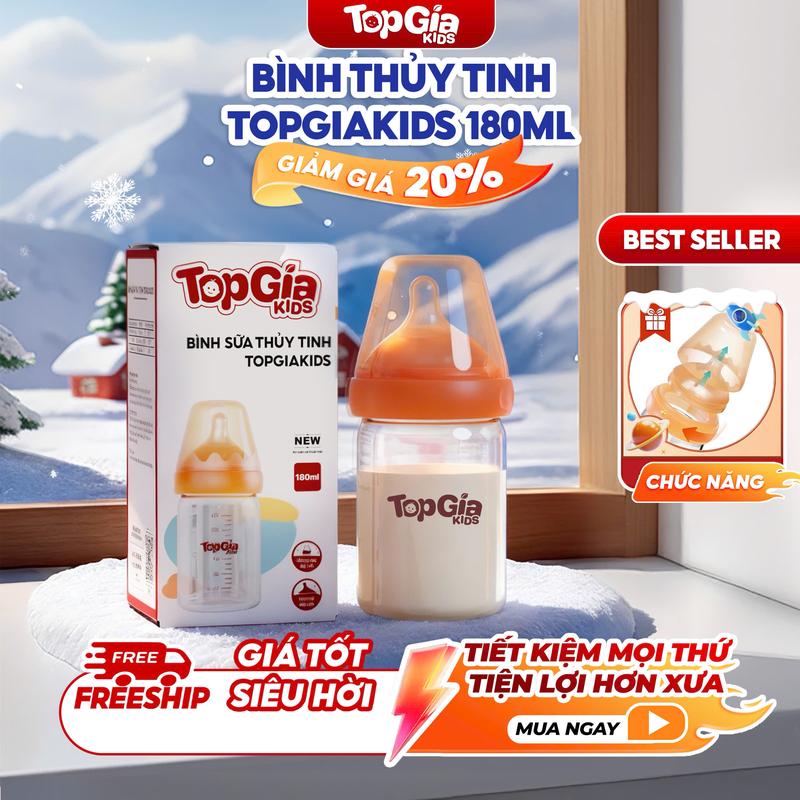    DEAL SỐC-79K   Bình sữa thuỷ tinh Topgiakids dung tích 180ml núm ti silicon siêu mềm chống đầy hơi cho bé miệng bình rộng dễ vệ sinh an toàn mềm mại chống sặc cho bé 