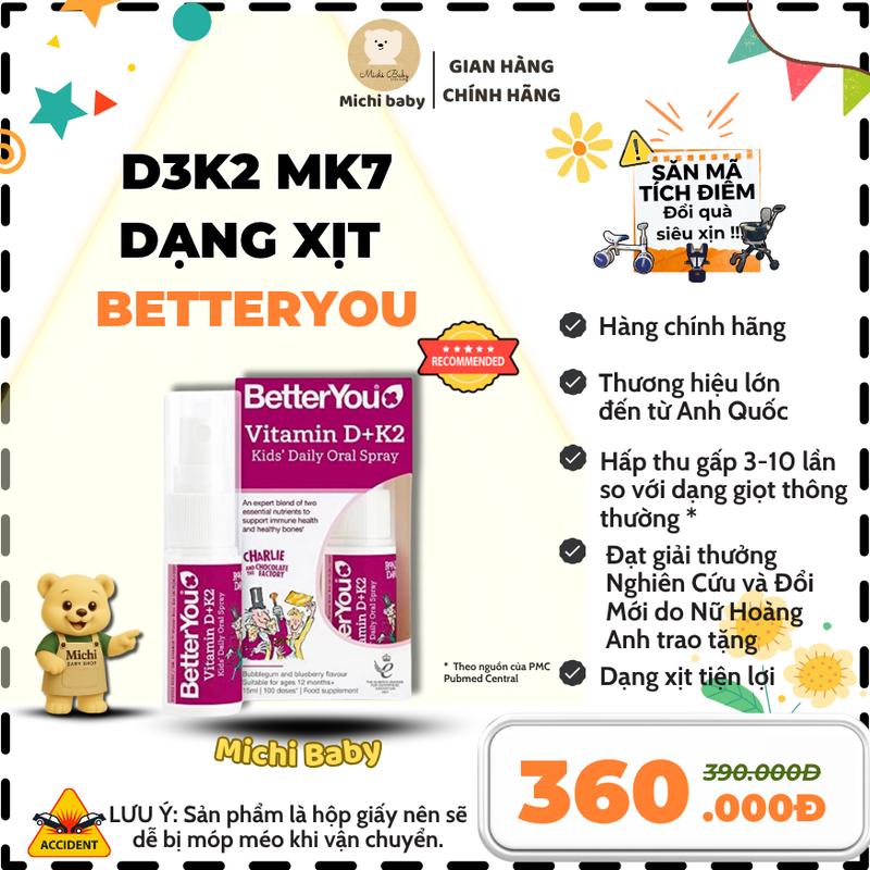 (DATE 2026)- Vitamin D và D3K2 Dạng Xịt BetterYou Nội Địa Anh Cho Bé Dưới 3 Tuổi Dlux D 400IU 15ml - Michi Baby MC620