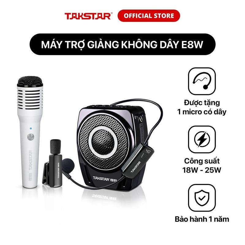 Máy Trợ Giảng Không Dây Takstar E8W Công Suất Lớn 18W-25W Trang Bị Mic Cầm Tay Cài Đầu Cài Áo Chính Hãng Cao Cấp Bảo Hành 1 Năm
