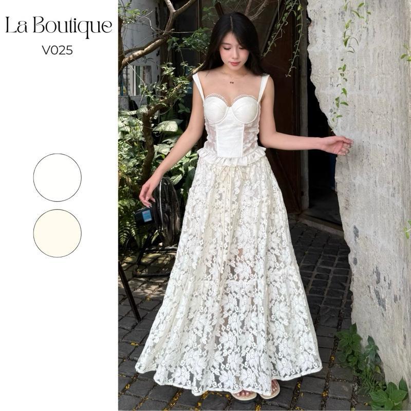 LA BOUTIQUE - Chân Váy Maxi Dáng Dài Ren Thêu Hoa 3 Tầng Freesize-V025