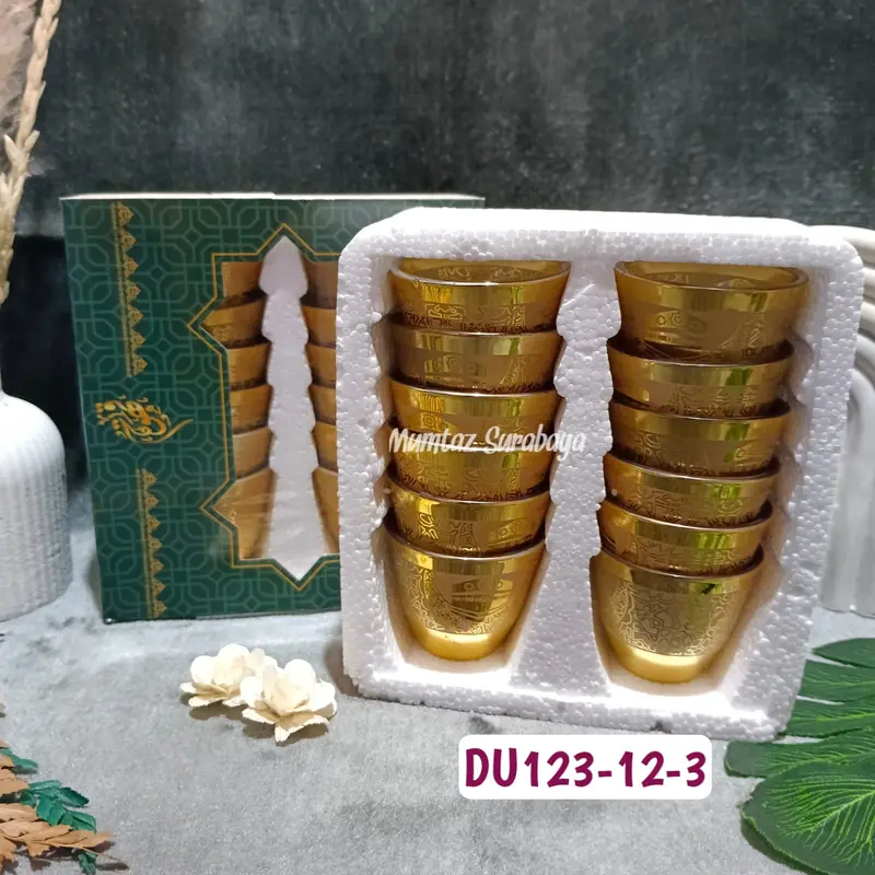 Gelas Air Zamzam GOLD Kaca Set 12 pcs Cucing Kabah Cucing Motif Gelas Cucing Air Zam Zam Gelas Gold Cucing Gold 4