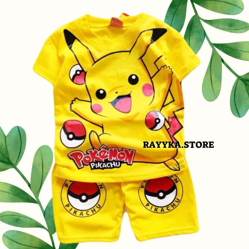 Baju Pikachu anak laki laki setelan pokemon anak cewek ada topi untuk umur 1-10 Tahun laki-laki Perempuan Katun Parsel 1