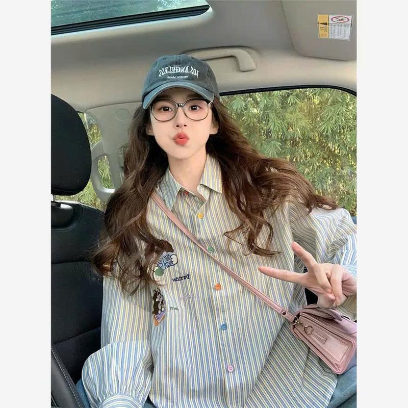 Áo sơ mi kẻ sọc xanh cổ poli thiết kế hoạ tiết dễ thương kiểu dáng hàn quốc hót trend hàng QCCC-HH191