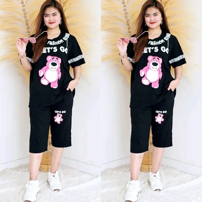 Setelan Wanita Jumbo Lengan Pendek Celana 7/8 Atasan Celana Bahan Katun Kombed 30s One Set Oversize All Size Wanita Setcel Dewasa Remaja Katun Lembut Nyaman Combed Baju Motif 8