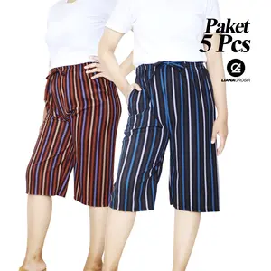 ( PAKET 5 PCS ) Celana Kulot Pendek Wanita Santai 7/8 Bawah Lutut Bahan Crepe Motif Garis Salur Santai