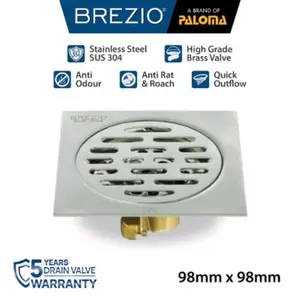 Brezio Saringan Got Kamar Mandi Anti Bau FDBZ 1701 Stainless Steel SUS 304 98mm x 98mm Glossy Polish Black Anti Odour & Quick Outflow