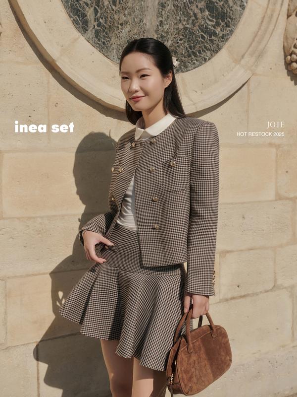 JOIE DES ROSES - Áo khoác kẻ nâu cổ tròn dáng suông INEA JACKET và chân váy kẻ INEA SKIRT