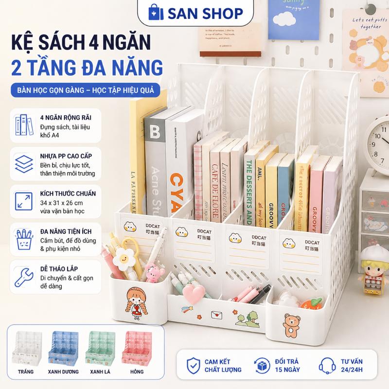 Kệ Sách 4 Ngăn 2 Tầng ( Loại 1 cứng cáp ) Để Bàn Học Làm Việc Đựng Sách Vở Tài Liệu A4 Decor Văn Phòng – San shop