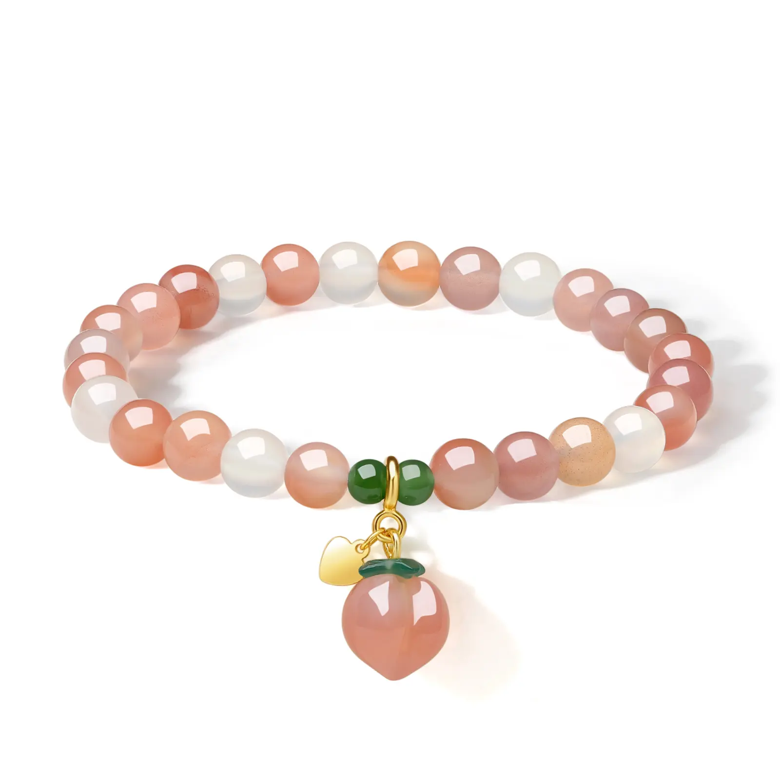 ZHOU LIU FU Gemstone Beads Bracelet Pink Agate Beaded Green Jade Gemstone Stretch Bracelet with Peach Charm Trendy Cute Jewelry Gift for Women Girl J1911993