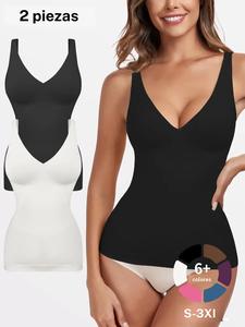 Conjunto de 2 piezas de ropa interior moldeadora para mujer, camiseta sin mangas con escote en V profundo, control de abdomen, ajustado sin costuras, top de compresión, prenda interior casual para todas las estaciones, espesor moderado de la tela