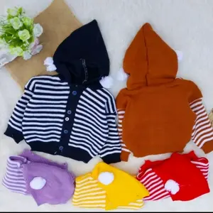 sweater rajut bayi newborn motif salur pompom 0-8 bulan sweater rajut hoodie