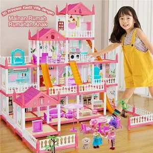 Mainan Rumah Rumahan Anak Perempuan 3D Princess Kastil Villa dengan Lampu dan Boneka Perakitan DIY Rumah Mainan Toys