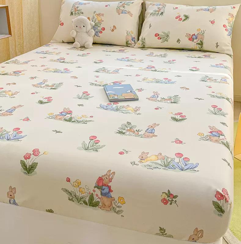 Product Introduction of 100% Cotton Fitted Bedsheet +2pc Pillowcase Flower Cartoon Single Double Full Queen King Cal-King Size Home Bed Sheets Set B103D 13