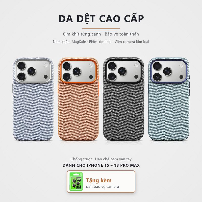 Ốp Lưng iPhone 15/16/17/18 Pro Max, Da Dệt Cao Cấp, Nam Châm MagSafe, Phím Kim Loại, Viền Camera Kim Loại, Vỏ Cứng Ôm Toàn Thân, Chống Trượt, Hạn Chế Bám Vân Tay, Tặng Kèm Dán Bảo Vệ Camera 17ProMax/16ProMax/15ProMax