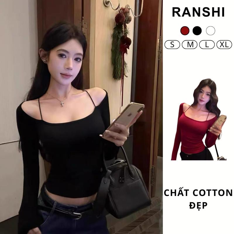   DEAL MỞ BÁN  Áo Trễ Vai Dài Tay Dáng Ngắn Phối Hai Dây Ôm Body RANSHI Gợi Cảm Tôn Dáng Chất Thun Cotton Mềm Mịn Co Giãn RA341 