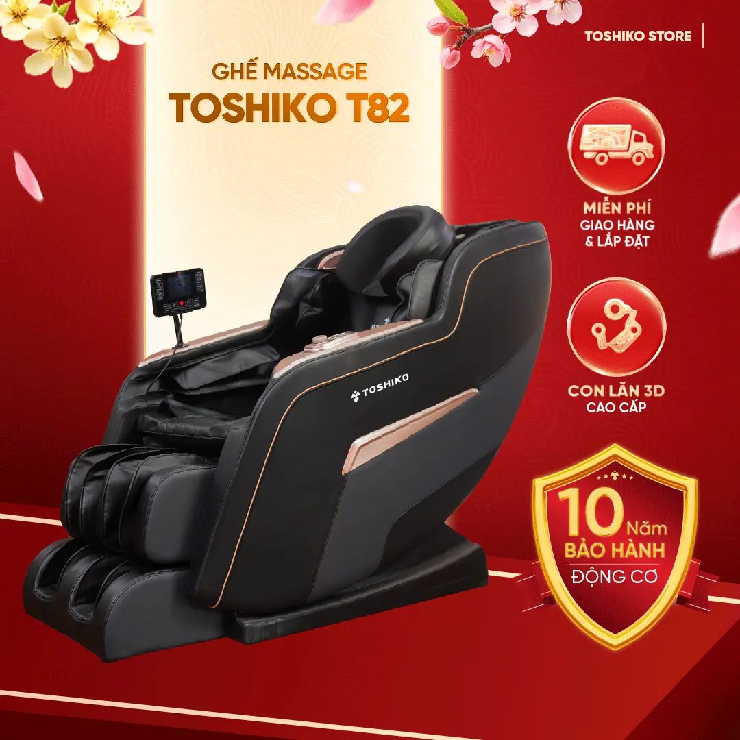 Ghế massage Toshiko T82  điều khiển giọng nói tiếng Việt, công nghệ massage con lăn 3D Nhật Bản, đa chức năng, túi khí kép