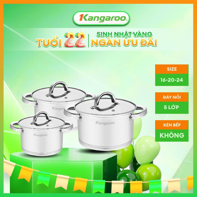 [ L ] [DEAL HOT !!!] Bộ 3 nồi inox cao cấp Kangaroo KG2IP3S - size 16/20/24CM,dùng cho mọi loại bếp, đáy từ 5 lớp.