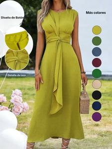 Vestido sin mangas de cuello redondo y color sólido para mujer, diseño adelgazante, corte de cintura, línea A, ideal para uso casual y para el trajín diario