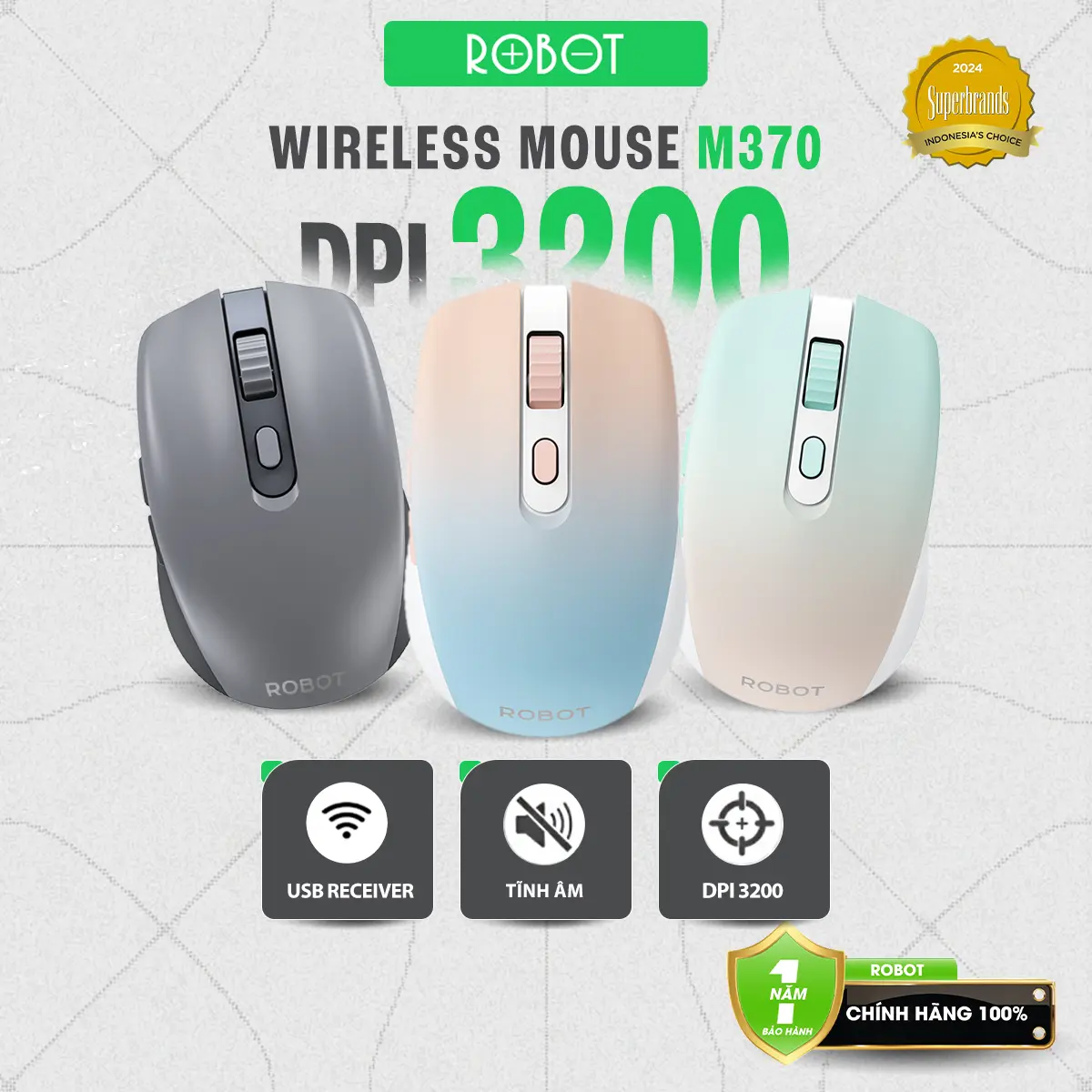 Chuột Không Dây ROBOT M370 Kết Nối 2.4GHz Silent | Độ Nhạy DPI 4 Cấp Độ 800/ 1600/ 2400/ 3200 | Dùng Văn Phòng Chơi Game Học Tập | Kèm Sẵn Pin | Bảo Hành 12 Tháng