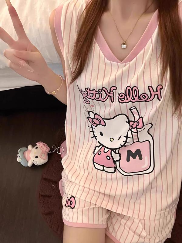 Hello Kitty Set Đồ Ngủ Sọc Hồng Cute - Đồ Bộ Nữ Mặc Nhà Mùa Hè Siêu Mát Form Rộng Dễ Thương với Hình Ảnh Hello Kitty Đáng Yêu
