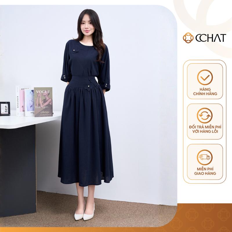 Bộ Đồ Nữ CCHAT Sian Áo Tay Lỡ Cài Khuy Chân Váy Xòe Cạp Bản To Đính Hoa Trang Trí Chất Đũi 15BND2021XT