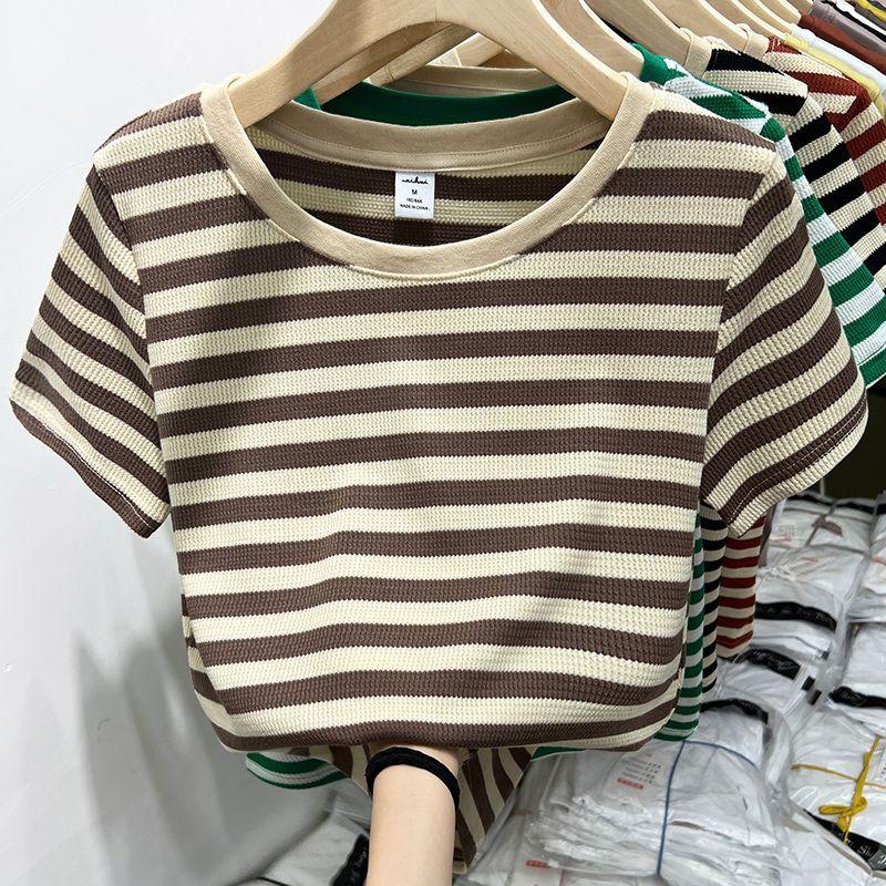 Summer women waffle stripes T-shirt short sleeve color contrast ...