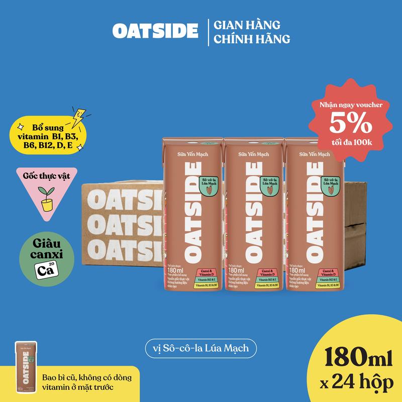 Sữa yến mạch OATSIDE vị Sô-cô-la lúa mạch Chocolate lốc 180ml x 24 - Không lactose, Đậm vị, Làm từ Cacao thật