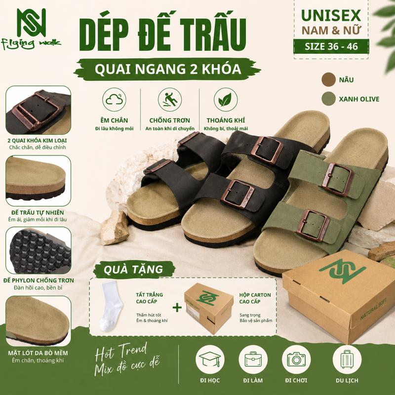 {TẶNG HỘP} (Chân Ốm Lùi Size) NS02 Dép Đế Trấu Quai Ngang 2 Khóa Nam Nữ Cao 3cm Thoải Mái, Êm Chân, Chống Trơn,Thời Trang 2026